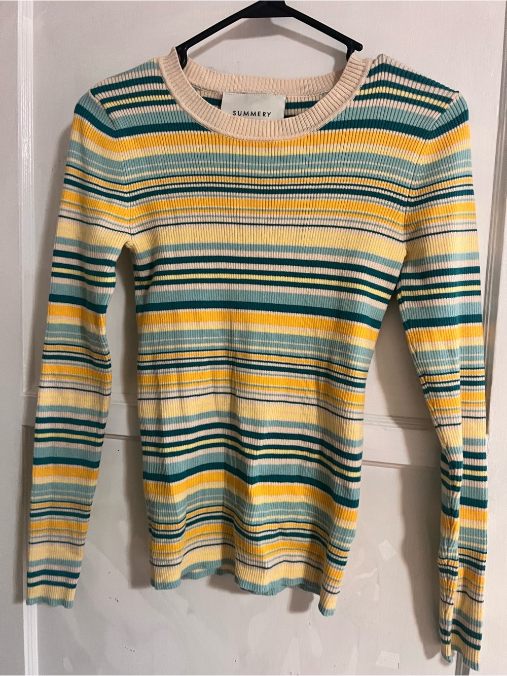 Striped Crewneck Long Sleeve Top in Yellow & Teal